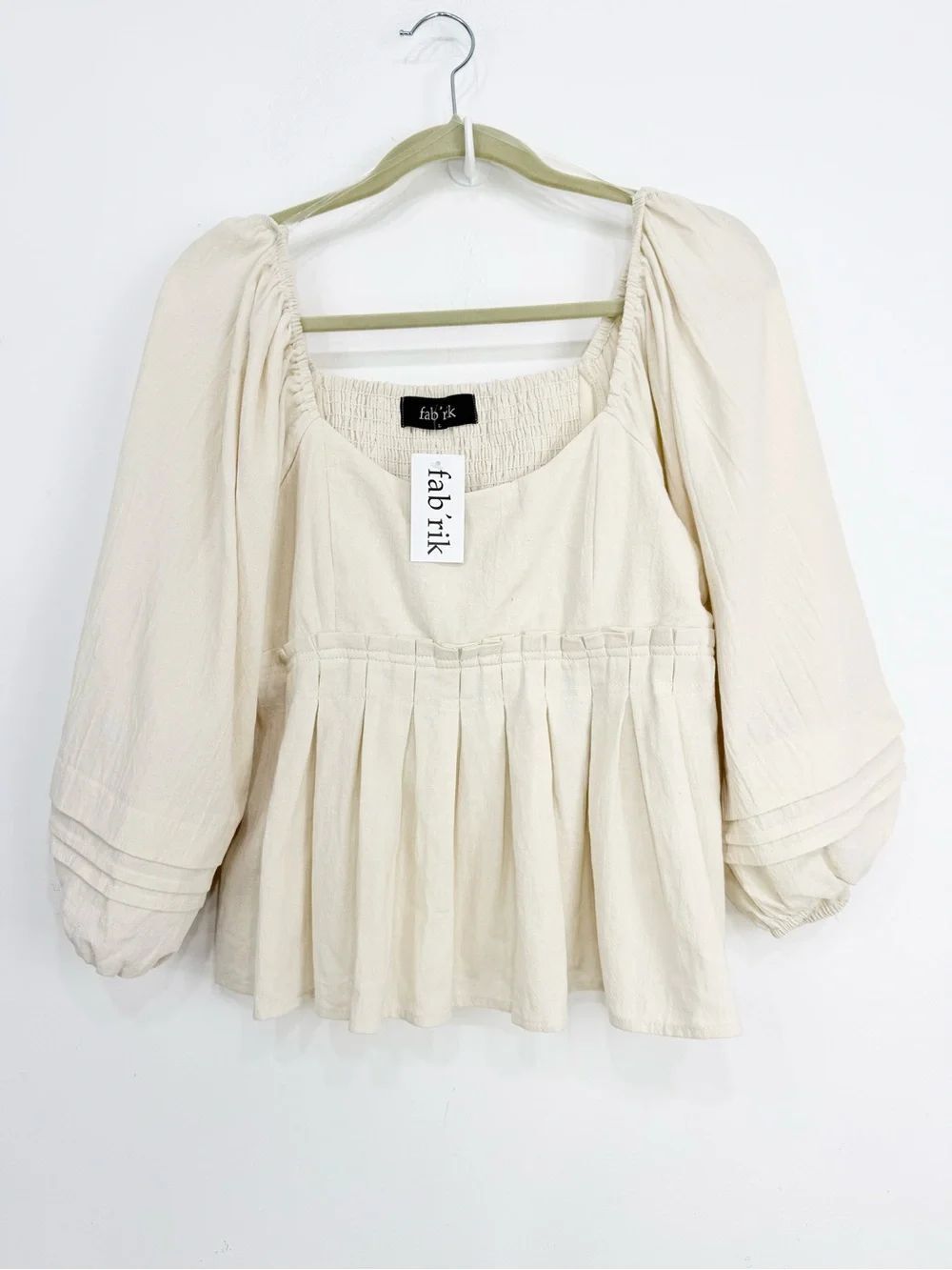 Fab'rik MARRE Natural Puff Sleeve Smock Stretch Peplum Pleat Peasant Blouse NEW
